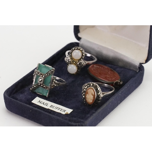 198 - Three Silver Set Dress Rings along with a Pendent depicting a Classical Young Lady.