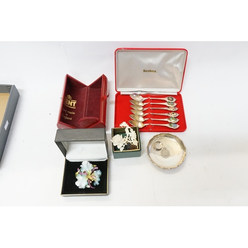 129 - A Hong Kong Police Pin Tray, Six Tea Spoons, Silver Ring, Costume Jewellery, etc.