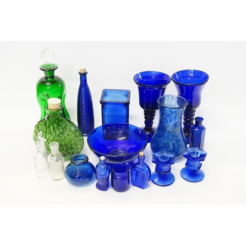 694 - A Holmegaard Green Glass Whiskey Decanter, a Green Bubble Glass Vase, Bitters Fish Bottle & other Bl... 