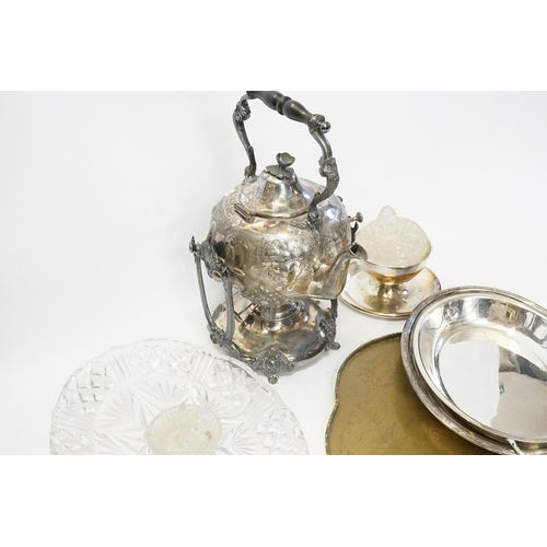 125 - A Victorian Britannia metal Tea Kettle on Stand, an Entre Dish, Glass Plate, Glass Pot & Lid, etc.