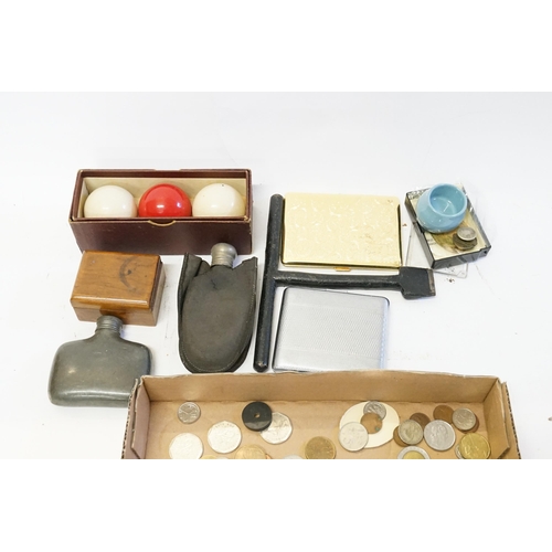 763 - Three Boxed Billiard Balls, a Coach Screwdriver, Hip Flasks, Coins, etc.