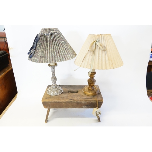 528 - An Antique Milking Stool & two Table Lamps with Original Shades.