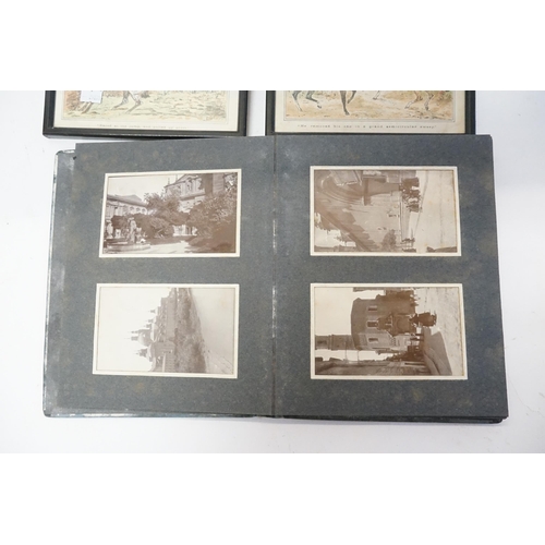 324 - Two framed hunting prints, along with troop and transport photographs, photograph album.