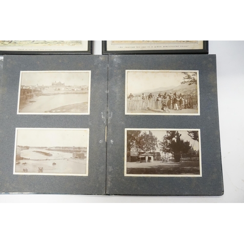 324 - Two framed hunting prints, along with troop and transport photographs, photograph album.