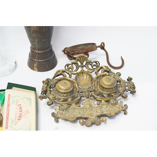 768 - A collection of various items to include a framed beetles, glass funnel vase, brass ink well etc.