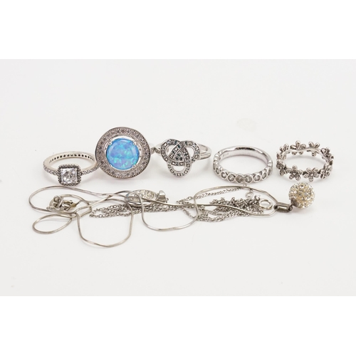 193 - A collection of costume rings and a necklace. To include Pandora rings.