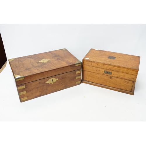 722 - A Victorian Walnut Veneered & Brass mounted Sloping Box & an Oak Stationary Box.