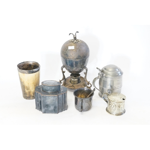 120 - A Silver Mounted Horn Beaker (AF), Mustard Pot, Tea Caddy, Pewter Tankard, Egg Boiler, etc.