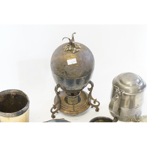 120 - A Silver Mounted Horn Beaker (AF), Mustard Pot, Tea Caddy, Pewter Tankard, Egg Boiler, etc.