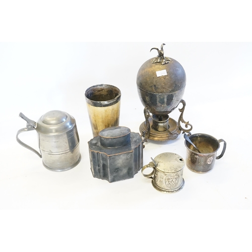 120 - A Silver Mounted Horn Beaker (AF), Mustard Pot, Tea Caddy, Pewter Tankard, Egg Boiler, etc.