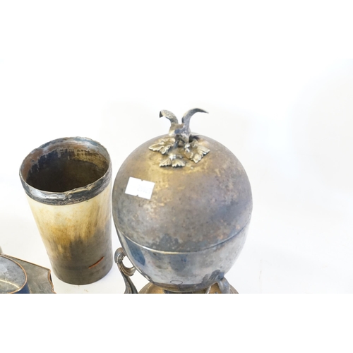 120 - A Silver Mounted Horn Beaker (AF), Mustard Pot, Tea Caddy, Pewter Tankard, Egg Boiler, etc.