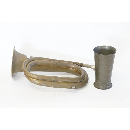 895 - A Brass Bugle & an Art Nouveau Pewter Beaker.