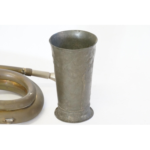 895 - A Brass Bugle & an Art Nouveau Pewter Beaker.