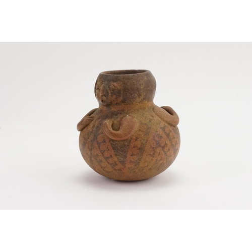 726 - A Aztec Ritual Funeral Container designed with a Face on a Bulbous Pot with short arms & black decor... 