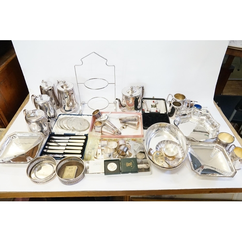 117 - Two sets of Hotel Silver Plated Tea & Coffee, Bon Bon Dishes, Coasters, Bread Basket, Cake Stand, Co... 