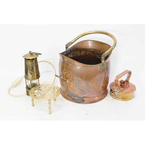 896 - A Helmet shaped Coal Scuttle, Kettle on Stand & a Protector Miner's Lamp.