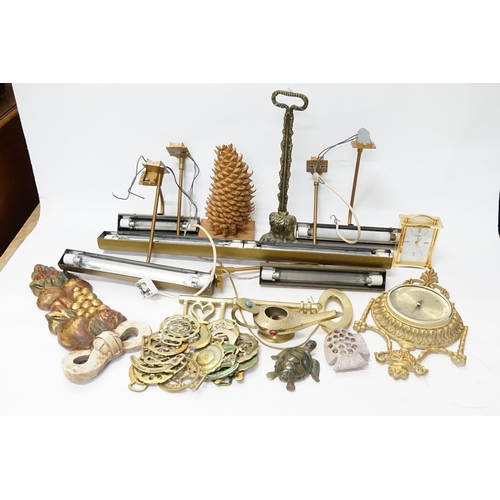 892 - A Brass Door Stop, Horse Brasses, Picture Lights, Carvings, etc.