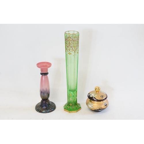 699 - A Gilt & Enamelled Green Cut Glass Art Deco Vase, Pink Lustre Candlestick & a Bohemian Powder Bowl &... 