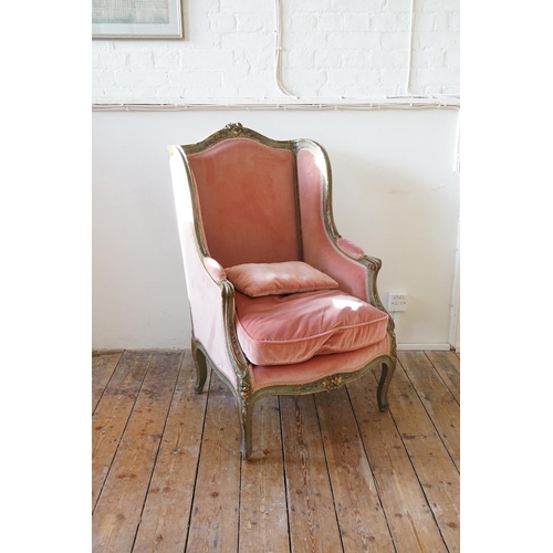 570 - A Late 19th Century Green & Gilt painted French Saloon Chair upholstered in Pink on Carved Feet.