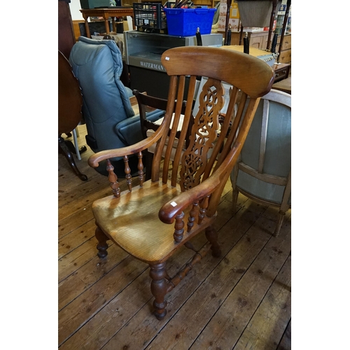 562 - A Victorian design Elm & Yew Country made Kitchen Grandsire Chair with a Splat & Pierce Back, turned... 