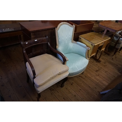 563 - A French Drawing Room Chair with padded Armrests, shaped back & a reeded decoration Upholstered Blue... 