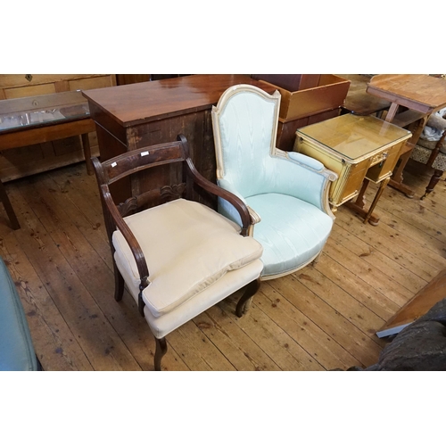 563 - A French Drawing Room Chair with padded Armrests, shaped back & a reeded decoration Upholstered Blue... 