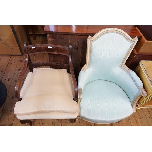 563 - A French Drawing Room Chair with padded Armrests, shaped back & a reeded decoration Upholstered Blue... 