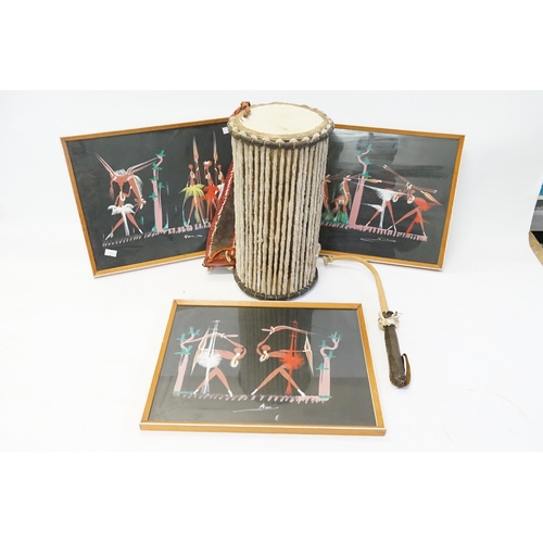 920 - Three Water Colour Washes of Stylised African Warriors Dance Moves & a double ended drum with beater... 