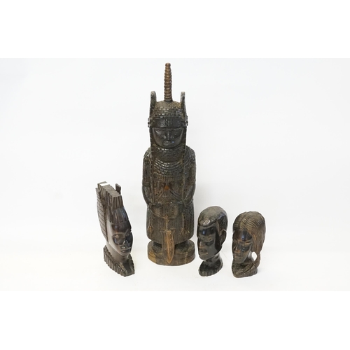 921 - A Benin Carved Hardwood Study of an OBA & Three Wooden Heads.