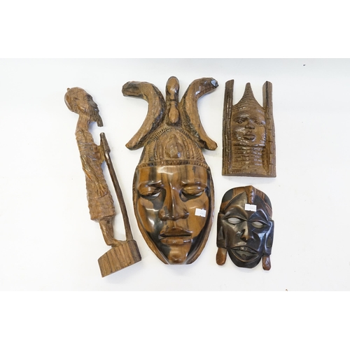 923 - Three African Face Masks & a study of a Man with a Stick.