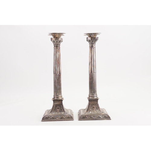 107 - A Pair of Silver Plate on Copper Sheffield Corinthian Column Candlesticks with a Pair of Sconces, Fl... 