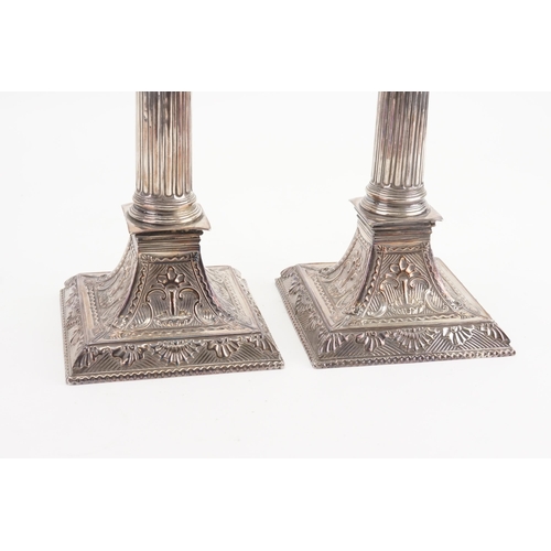 107 - A Pair of Silver Plate on Copper Sheffield Corinthian Column Candlesticks with a Pair of Sconces, Fl... 