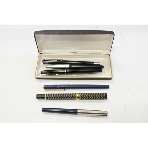 248 - A Montblanc Fountain Pen made for Carlsberg, Two Parker Pens with Chrome Tops, a Regal Pen, a Slimli... 