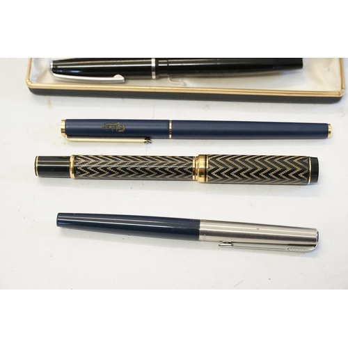 248 - A Montblanc Fountain Pen made for Carlsberg, Two Parker Pens with Chrome Tops, a Regal Pen, a Slimli... 