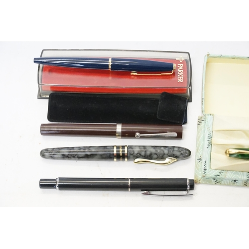 249 - A Blue Parker Pen with a Gold Rim & Pointed Nib, a Marksmen mottled, Two Biros & a Conway Stewart Pe... 