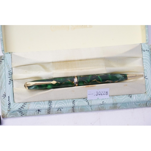 249 - A Blue Parker Pen with a Gold Rim & Pointed Nib, a Marksmen mottled, Two Biros & a Conway Stewart Pe... 