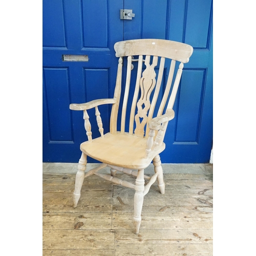 606 - A Bleached Pine Grandsire Kitchen Chair with Splat Back, Swept Out Arms, Turned Legs & Cross Stretch... 