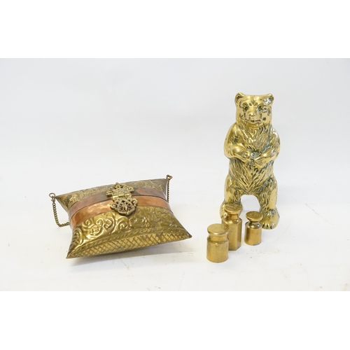 907 - A Islamic Cushion shaped Tobacco Box, a Brass Bear & Postal Weights.