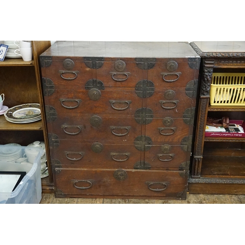 540 - A Japanese Oak Multi Drawers Chest of Drawers with Iron Mounts & Mon decoration. Measuring: 85cms ac... 