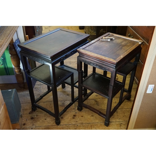 544 - A Pair of Japanese Hardwood Vase Display Side Tables with a Key Patterned Border & resting on scroll... 