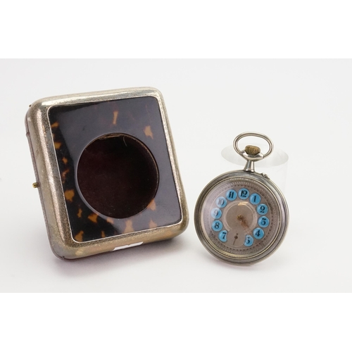 209 - A Silver and Tortoise shell cased Jumbo blue enamelled pocket watch. Rail road dial and sub second d... 