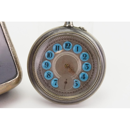 209 - A Silver and Tortoise shell cased Jumbo blue enamelled pocket watch. Rail road dial and sub second d... 