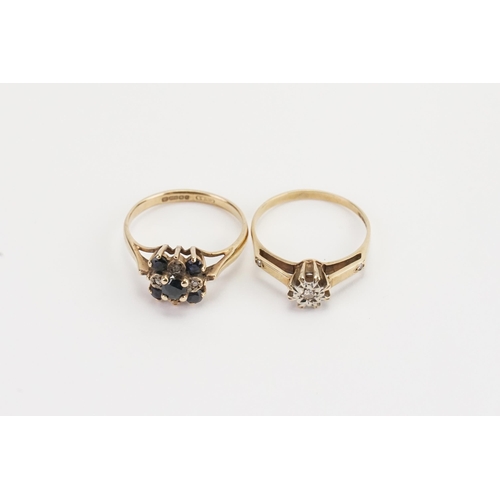 154 - Two 9ct gold rings, set with sapphires and diamonds. Weight 4.8g.