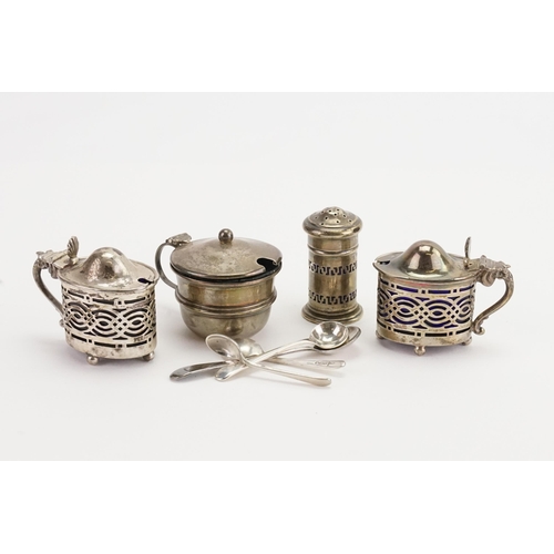 74 - A set of three cruet sets, along with a salt cellar. Weight 87g.