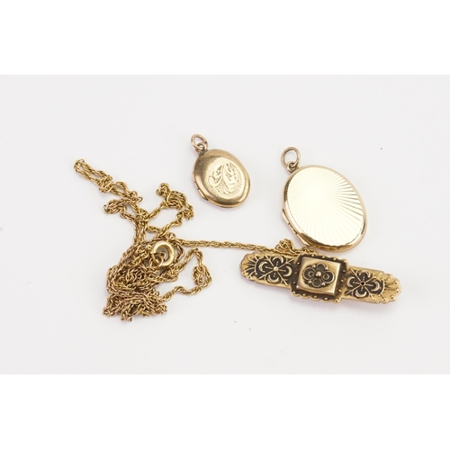 151 - A 9ct gold front and back locket, hung on a 9ct gold chain. Along with one other locket and a small ... 