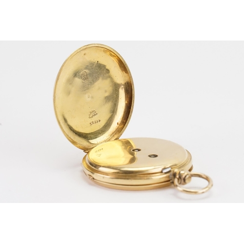 205 - A ladies 18ct gold pocket watch, gold dial and Roman numeral. Weight gross 40g.