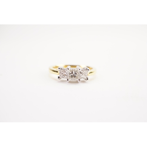 161 - A 18ct yellow gold three stone diamond ring set with princess cut diamonds. (approx 0.3ct largest an... 