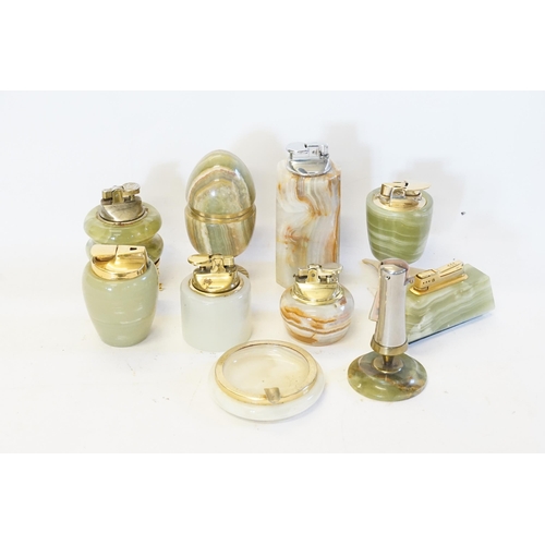 648 - A Collection of 9 x Vintage Table Onyx Lighters along with an Ashtray.