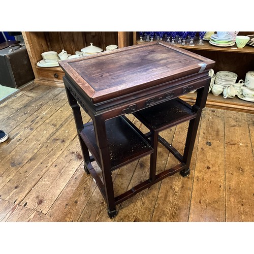 544 - A Pair of Japanese Hardwood Vase Display Side Tables with a Key Patterned Border & resting on scroll... 