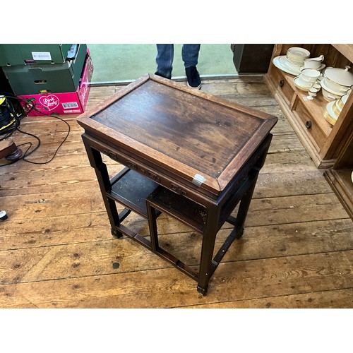 544 - A Pair of Japanese Hardwood Vase Display Side Tables with a Key Patterned Border & resting on scroll... 